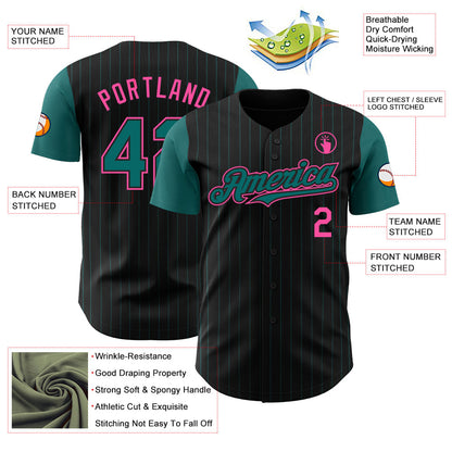 Custom Black Teal Pinstripe Pink Authentic Two Tone Baseball Jersey - Sky-Custom