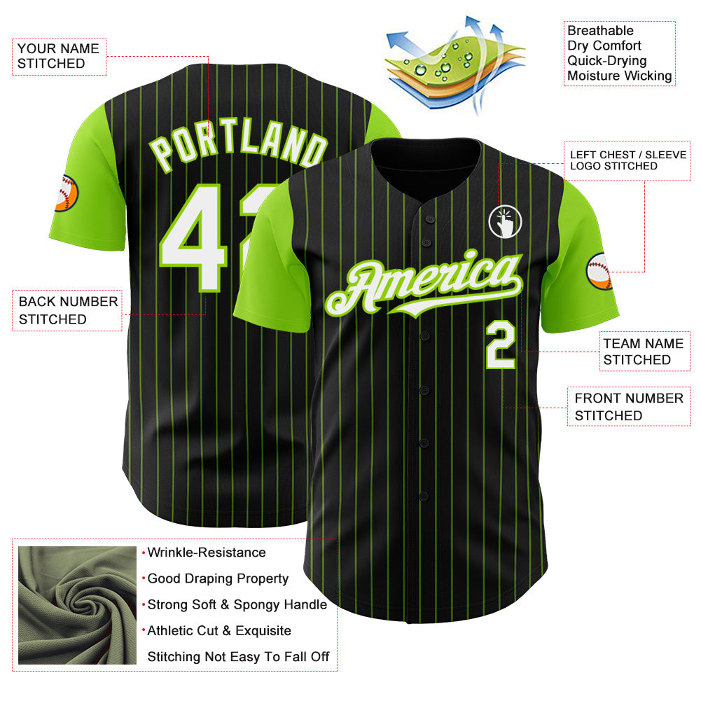 Custom Black Neon Green Pinstripe White Authentic Two Tone Baseball Jersey - Sky-Custom