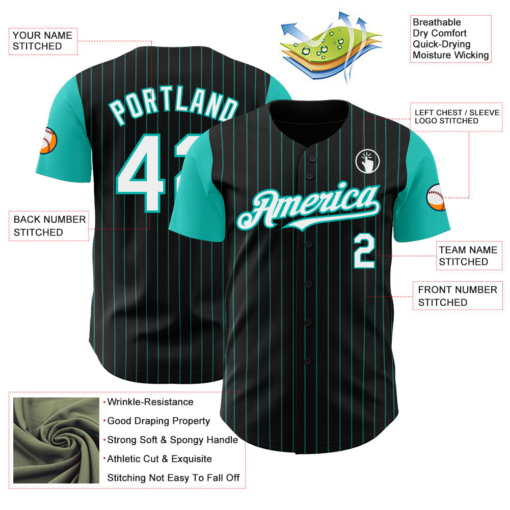 Custom Black Aqua Pinstripe White Authentic Two Tone Baseball Jersey - Sky-Custom