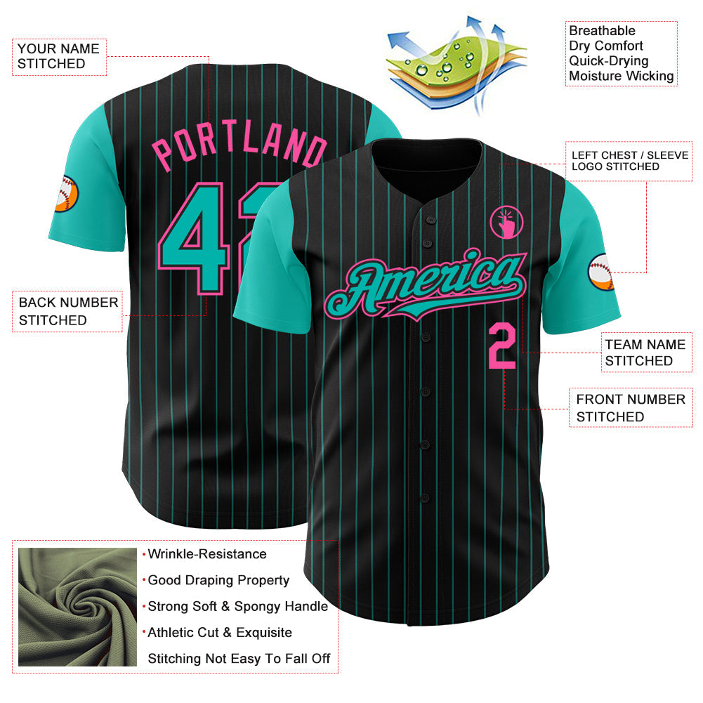 Custom Black Aqua Pinstripe Pink Authentic Two Tone Baseball Jersey - Sky-Custom