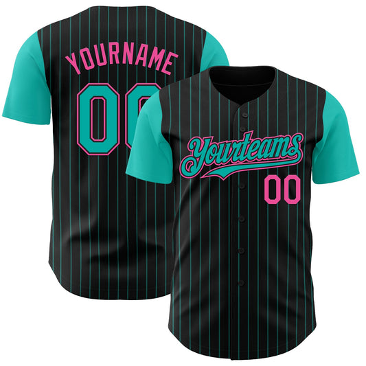 Custom Black Aqua Pinstripe Pink Authentic Two Tone Baseball Jersey - Sky-Custom