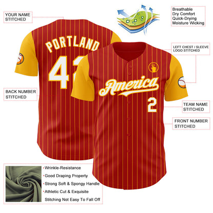 Custom Red Gold Pinstripe White Authentic Two Tone Baseball Jersey - Sky-Custom