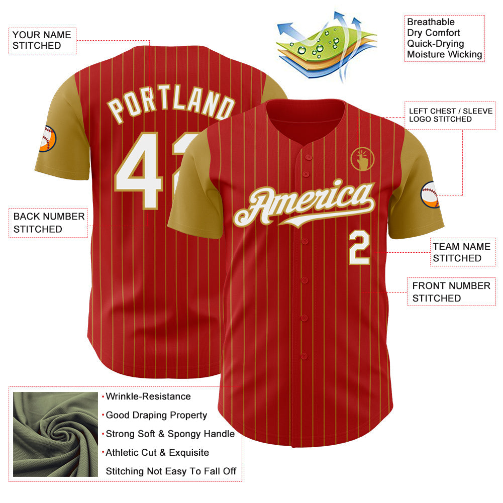 Custom Red Old Gold Pinstripe White Authentic Two Tone Baseball Jersey - Sky-Custom