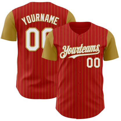 Custom Red Old Gold Pinstripe White Authentic Two Tone Baseball Jersey - Sky-Custom