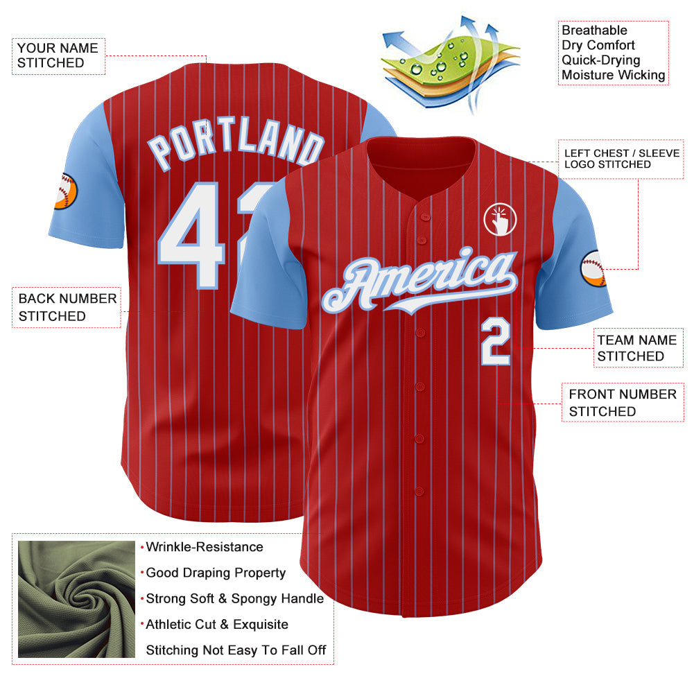 Custom Red Light Blue Pinstripe White Authentic Two Tone Baseball Jersey - Sky-Custom