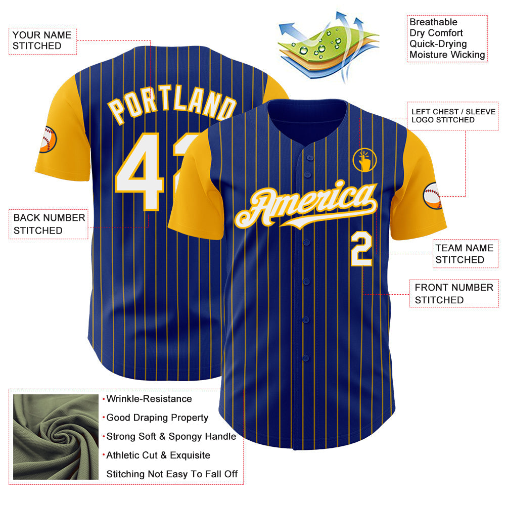 Custom Royal Gold Pinstripe White Authentic Two Tone Baseball Jersey - Sky-Custom