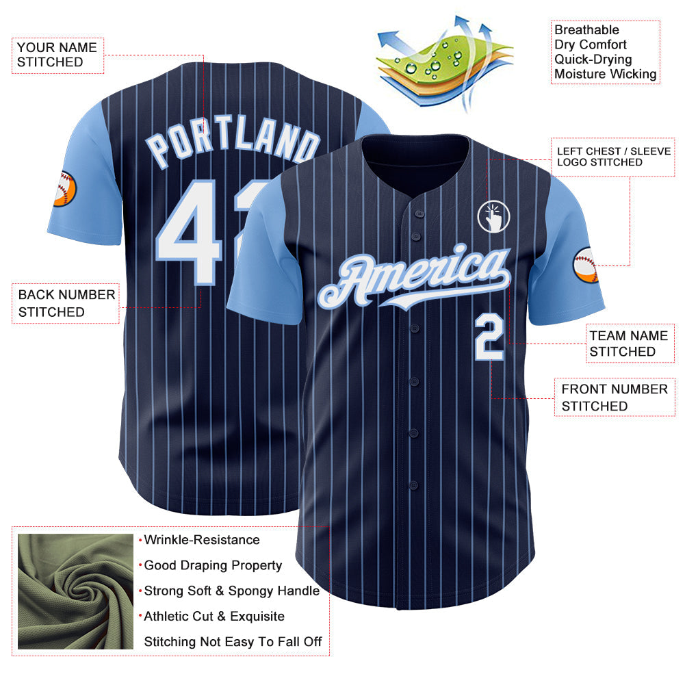 Custom Navy Light Blue Pinstripe White Authentic Two Tone Baseball Jersey - Sky-Custom