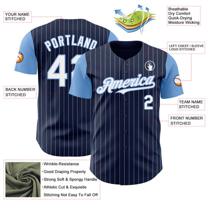 Custom Navy Light Blue Pinstripe White Authentic Two Tone Baseball Jersey - Sky-Custom