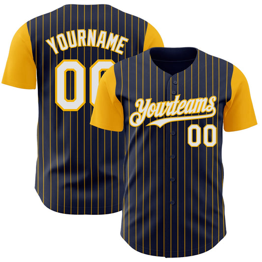 Custom Navy Gold Pinstripe White Authentic Two Tone Baseball Jersey - Sky-Custom
