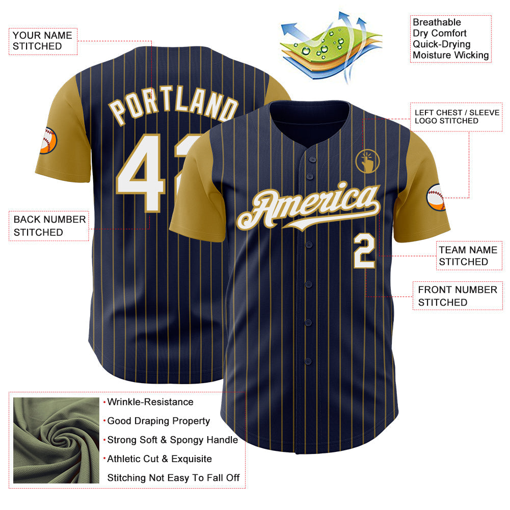 Custom Navy Old Gold Pinstripe White Authentic Two Tone Baseball Jersey - Sky-Custom