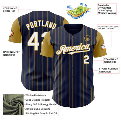 Custom Navy Old Gold Pinstripe White Authentic Two Tone Baseball Jersey - Sky-Custom