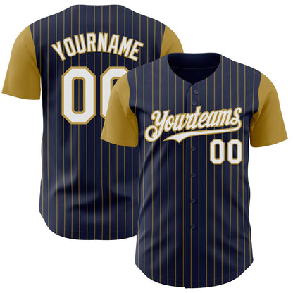 Custom Navy Old Gold Pinstripe White Authentic Two Tone Baseball Jersey - Sky-Custom