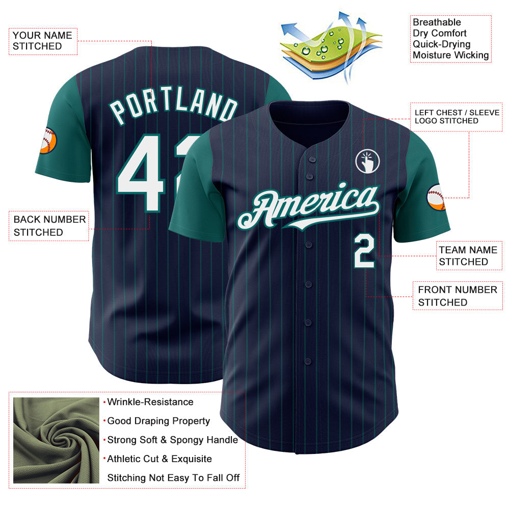 Custom Navy Teal Pinstripe White Authentic Two Tone Baseball Jersey - Sky-Custom