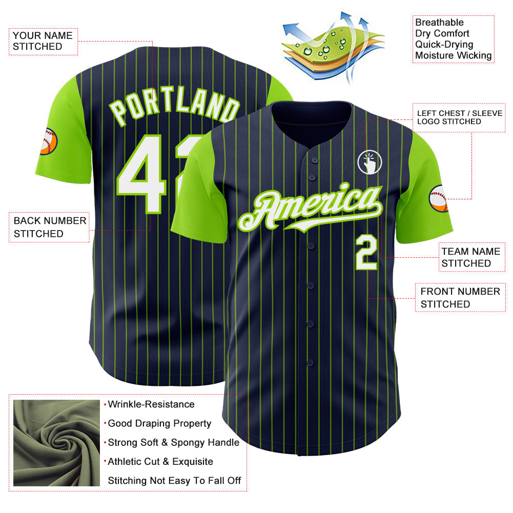 Custom Navy Neon Green Pinstripe White Authentic Two Tone Baseball Jersey - Sky-Custom