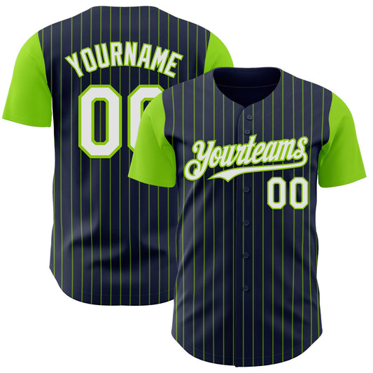 Custom Navy Neon Green Pinstripe White Authentic Two Tone Baseball Jersey - Sky-Custom