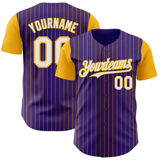Custom Purple Gold Pinstripe White Authentic Two Tone Baseball Jersey - Sky-Custom