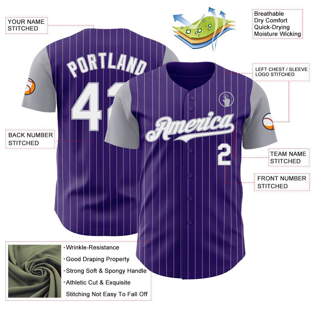 Custom Purple Gray Pinstripe White Authentic Two Tone Baseball Jersey - Sky-Custom