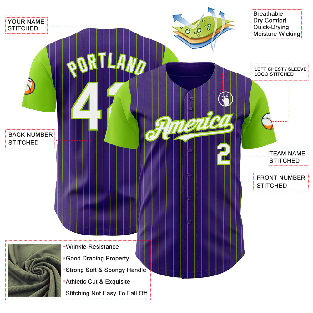 Custom Purple Neon Green Pinstripe White Authentic Two Tone Baseball Jersey - Sky-Custom