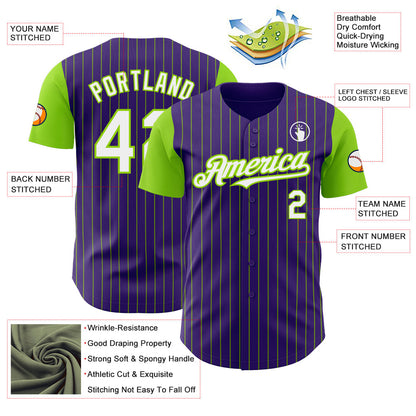 Custom Purple Neon Green Pinstripe White Authentic Two Tone Baseball Jersey - Sky-Custom