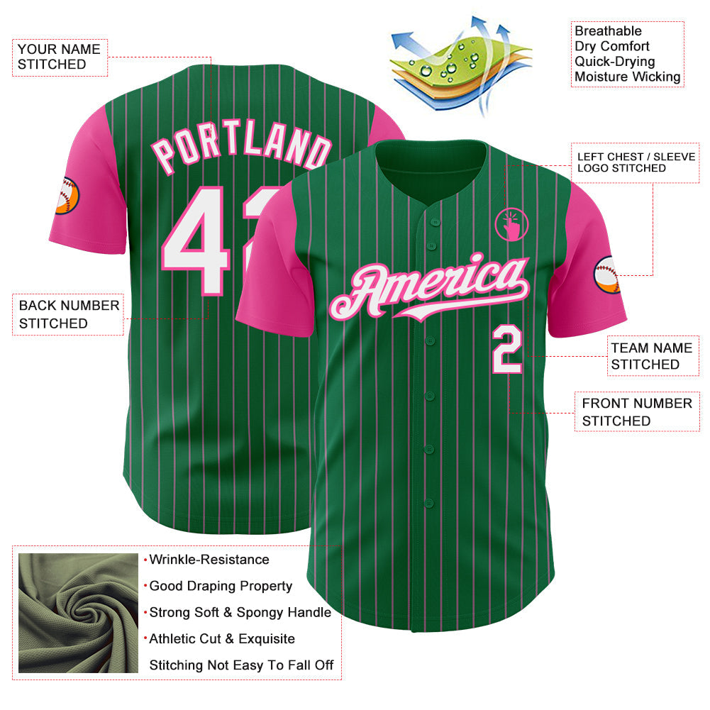 Custom Kelly Green Pink Pinstripe White Authentic Two Tone Baseball Jersey - Sky-Custom