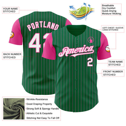Custom Kelly Green Pink Pinstripe White Authentic Two Tone Baseball Jersey - Sky-Custom