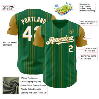 Custom Kelly Green Old Gold Pinstripe White Authentic Two Tone Baseball Jersey - Sky-Custom