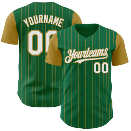 Custom Kelly Green Old Gold Pinstripe White Authentic Two Tone Baseball Jersey - Sky-Custom