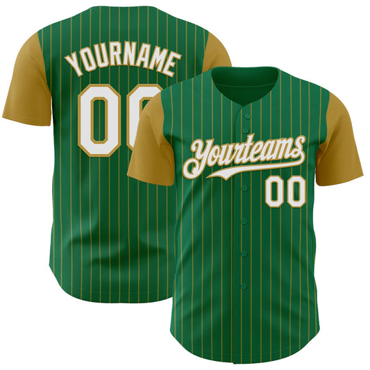 Custom Kelly Green Old Gold Pinstripe White Authentic Two Tone Baseball Jersey - Sky-Custom