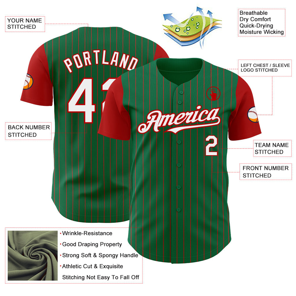 Custom Kelly Green Red Pinstripe White Authentic Two Tone Baseball Jersey - Sky-Custom