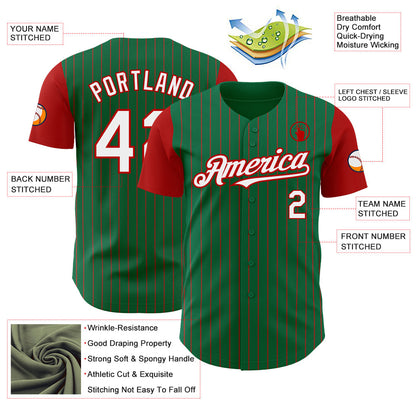 Custom Kelly Green Red Pinstripe White Authentic Two Tone Baseball Jersey - Sky-Custom
