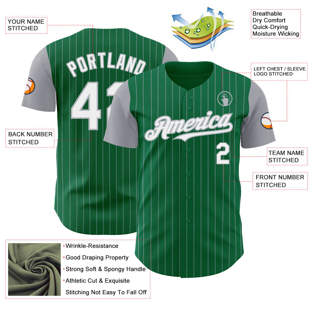 Custom Kelly Green Gray Pinstripe White Authentic Two Tone Baseball Jersey - Sky-Custom