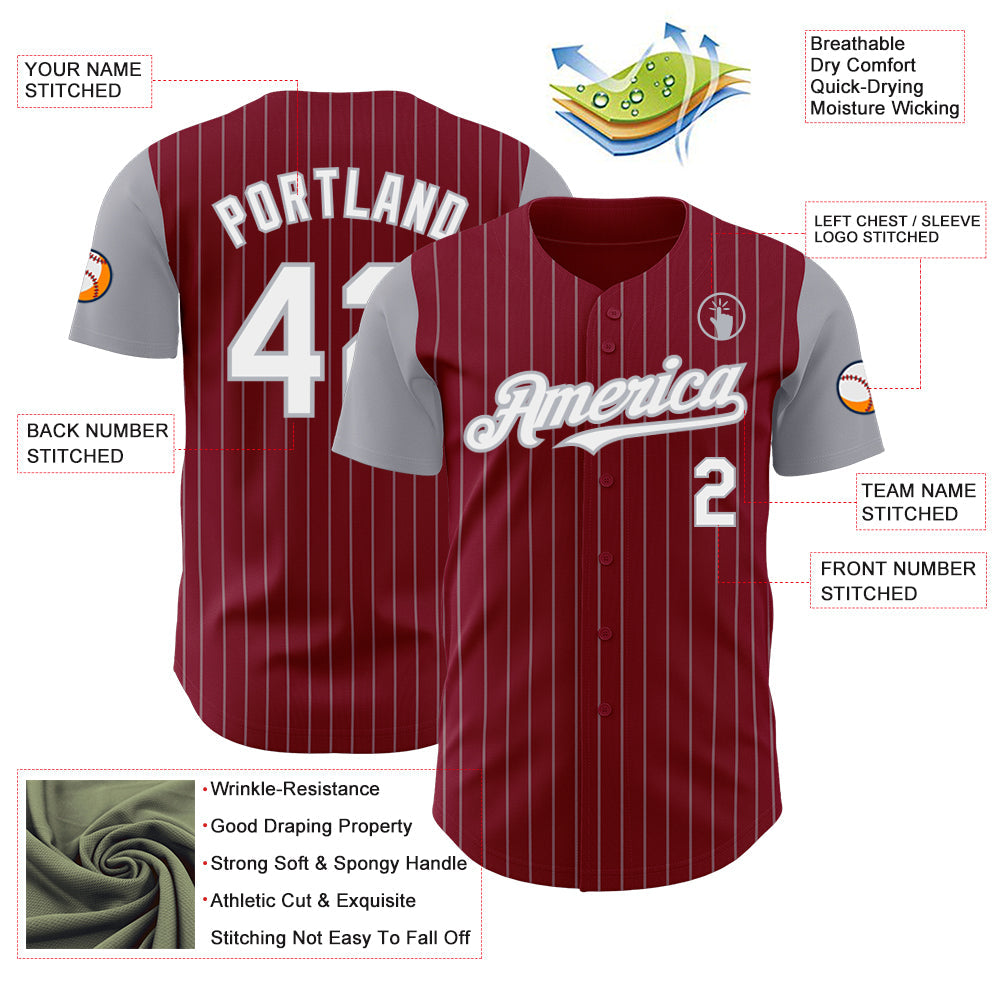 Custom Crimson Gray Pinstripe White Authentic Two Tone Baseball Jersey - Sky-Custom