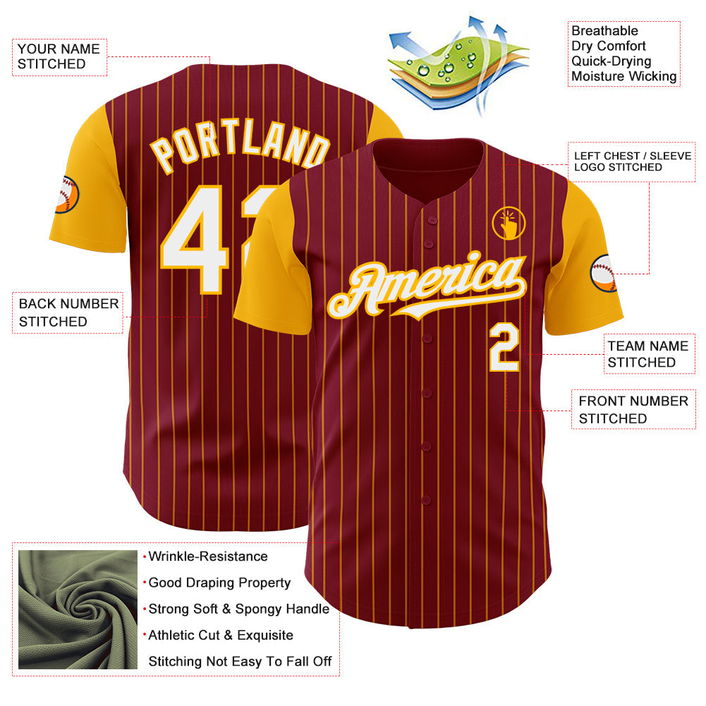 Custom Crimson Gold Pinstripe White Authentic Two Tone Baseball Jersey - Sky-Custom
