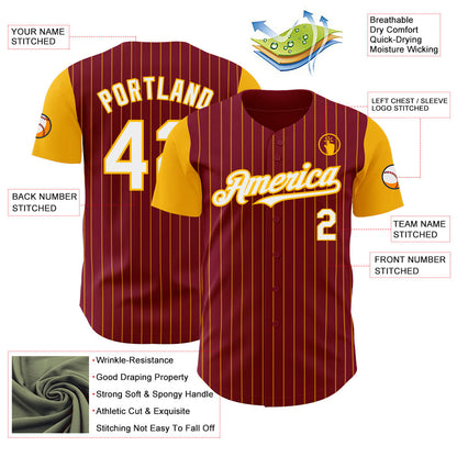 Custom Crimson Gold Pinstripe White Authentic Two Tone Baseball Jersey - Sky-Custom