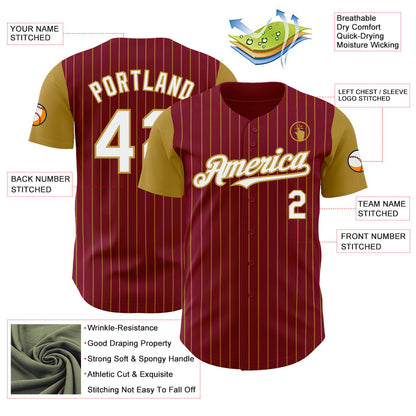 Custom Crimson Old Gold Pinstripe White Authentic Two Tone Baseball Jersey - Sky-Custom