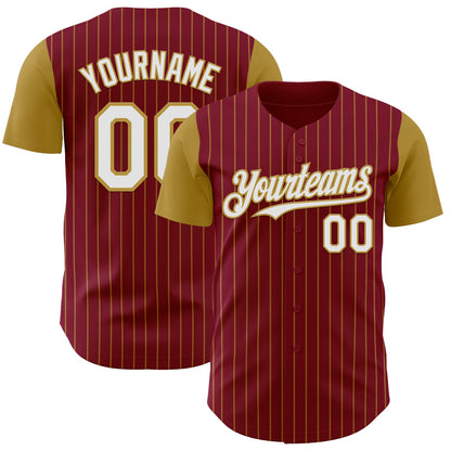 Custom Crimson Old Gold Pinstripe White Authentic Two Tone Baseball Jersey - Sky-Custom
