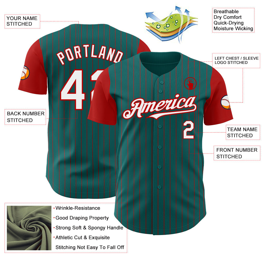 Custom Teal Red Pinstripe White Authentic Two Tone Baseball Jersey - Sky-Custom