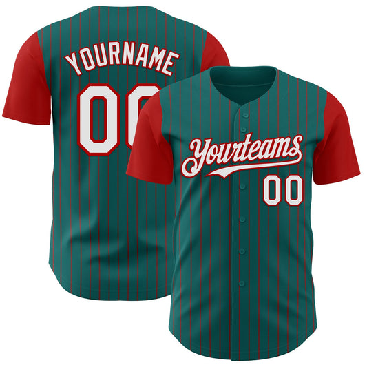 Custom Teal Red Pinstripe White Authentic Two Tone Baseball Jersey - Sky-Custom