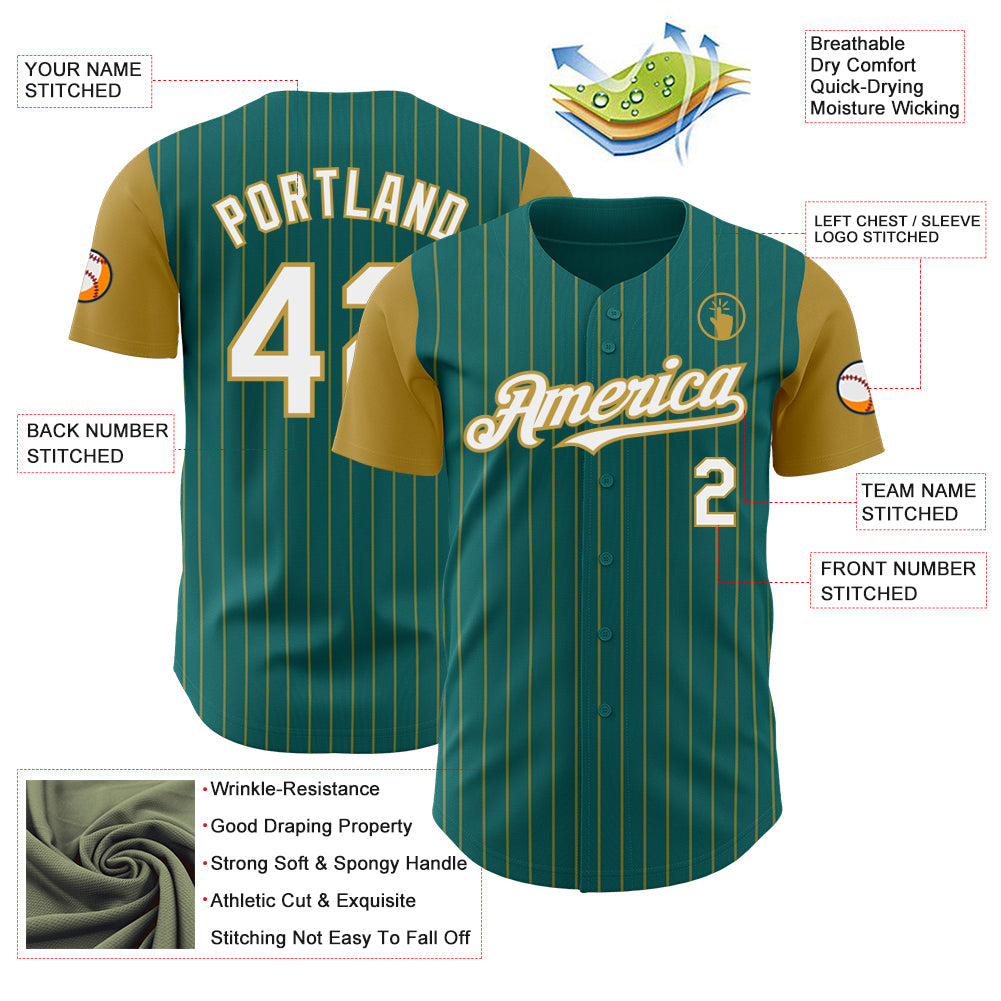 Custom Teal Old Gold Pinstripe White Authentic Two Tone Baseball Jersey - Sky-Custom