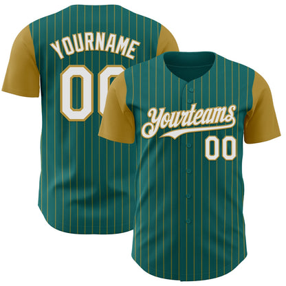 Custom Teal Old Gold Pinstripe White Authentic Two Tone Baseball Jersey - Sky-Custom