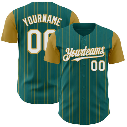 Custom Teal Old Gold Pinstripe White Authentic Two Tone Baseball Jersey - Sky-Custom