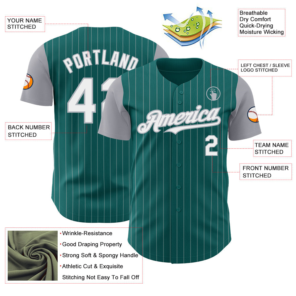 Custom Teal Gray Pinstripe White Authentic Two Tone Baseball Jersey - Sky-Custom