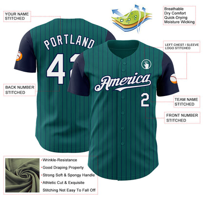 Custom Teal Navy Pinstripe White Authentic Two Tone Baseball Jersey - Sky-Custom