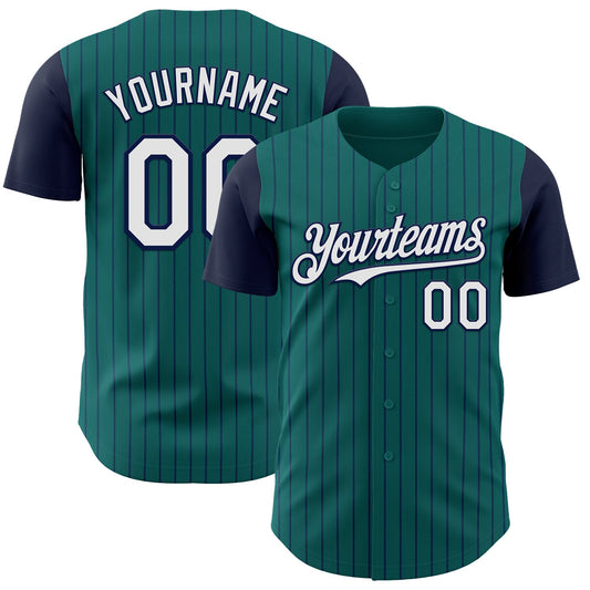 Custom Teal Navy Pinstripe White Authentic Two Tone Baseball Jersey - Sky-Custom