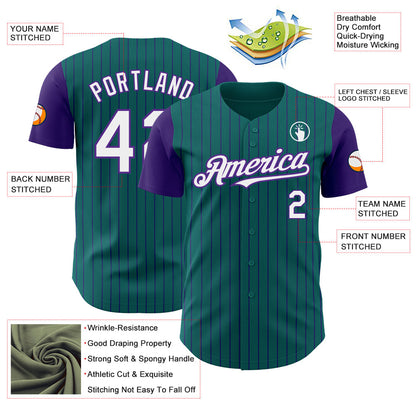 Custom Teal Purple Pinstripe White Authentic Two Tone Baseball Jersey - Sky-Custom