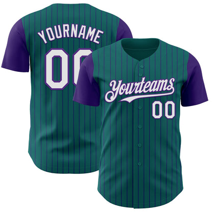 Custom Teal Purple Pinstripe White Authentic Two Tone Baseball Jersey - Sky-Custom
