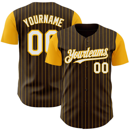 Custom Brown Gold Pinstripe White Authentic Two Tone Baseball Jersey - Sky-Custom