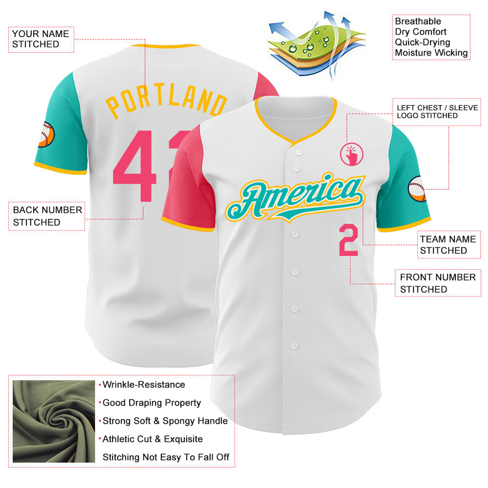 Custom White Neon Pink Aqua-Gold Authentic Two Tone Baseball Jersey - Sky-Custom