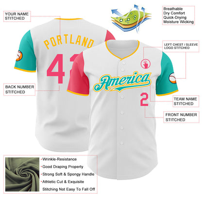 Custom White Neon Pink Aqua-Gold Authentic Two Tone Baseball Jersey - Sky-Custom