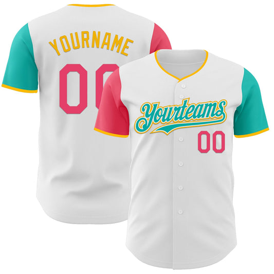 Custom White Neon Pink Aqua-Gold Authentic Two Tone Baseball Jersey - Sky-Custom